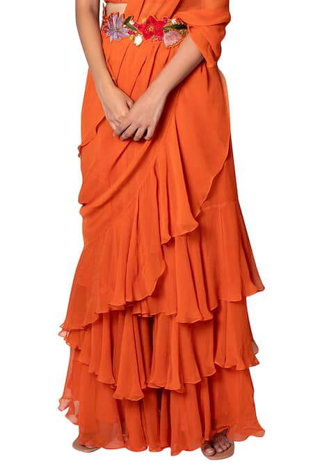 Shop_Taavare_Orange Raw Silk, Chiffon Square Neck Ruffle Pre-draped Saree With Blouse_Online_at_Aza_Fashions