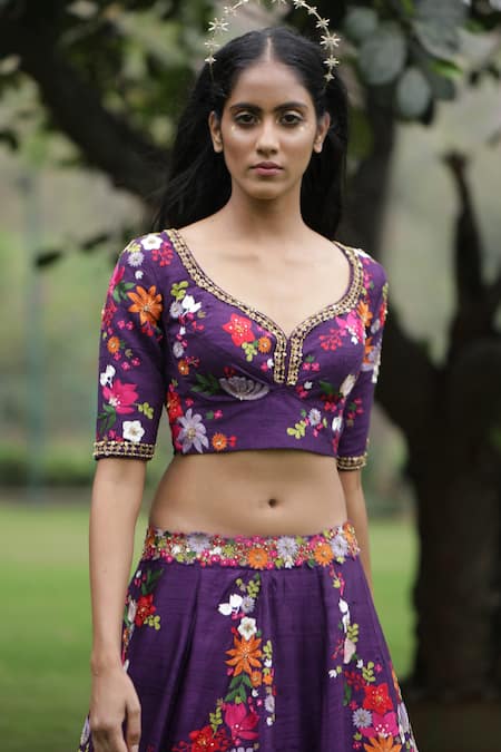 Taavare_Purple Raw Silk, Tulle Wildflower V Neck Embroidered Bridal Lehenga Set_Online_at_Aza_Fashions