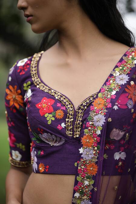 Shop_Taavare_Purple Raw Silk, Tulle Wildflower V Neck Embroidered Bridal Lehenga Set_Online_at_Aza_Fashions