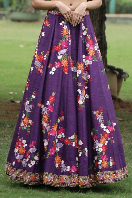 Taavare_Purple Raw Silk, Tulle Wildflower V Neck Embroidered Bridal Lehenga Set_at_Aza_Fashions