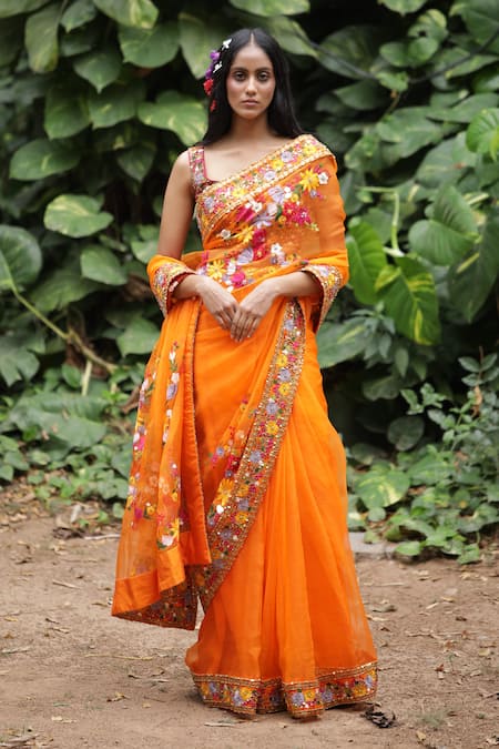 Taavare Orange Raw Silk Embroidered Wildflower Saree Set
