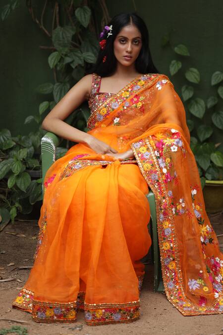 Taavare_Orange Raw Silk, Organza Wildflower Embroidered Saree Set_Online_at_Aza_Fashions