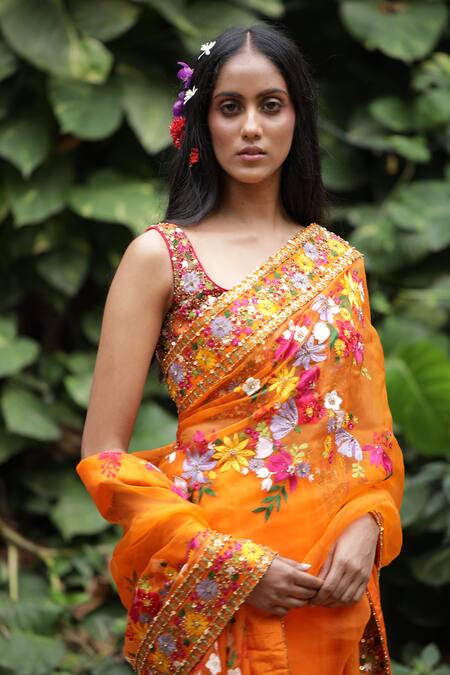 Buy_Taavare_Orange Raw Silk, Organza Wildflower Embroidered Saree Set_Online_at_Aza_Fashions