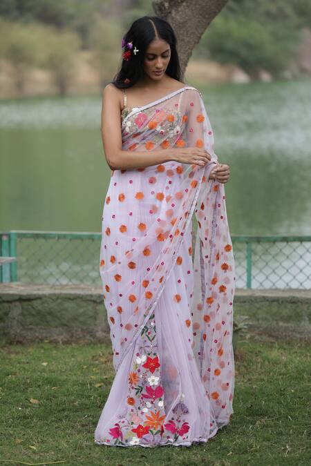 Taavare_Purple Tulle Wildflower Square Neck Embroidered Saree Set_Online_at_Aza_Fashions
