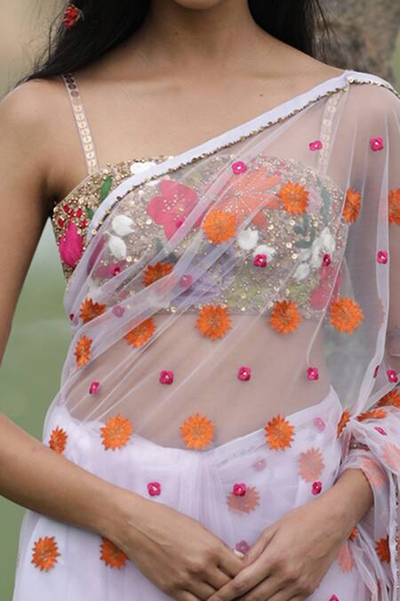 Buy_Taavare_Purple Tulle Wildflower Square Neck Embroidered Saree Set_Online_at_Aza_Fashions