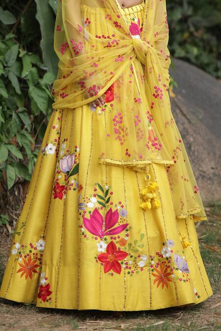 Shop_Taavare_Yellow Raw Silk, Georgette Wildflower Leaf Neck Embroidered Bridal Lehenga Set_Online_at_Aza_Fashions