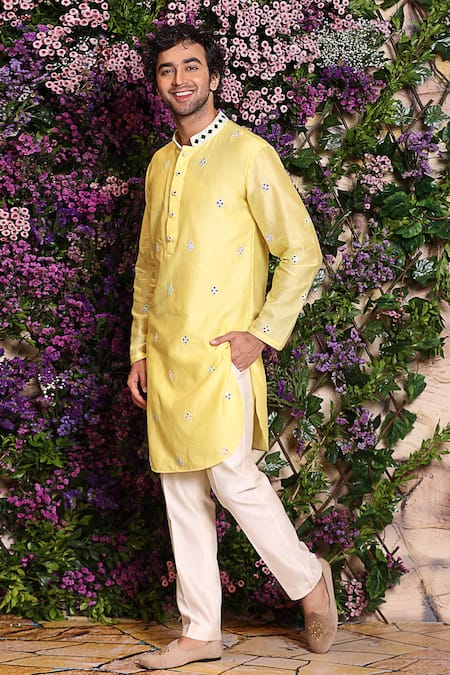Julie By Julie Shah_Yellow Chanderi Kurta_Online_at_Aza_Fashions