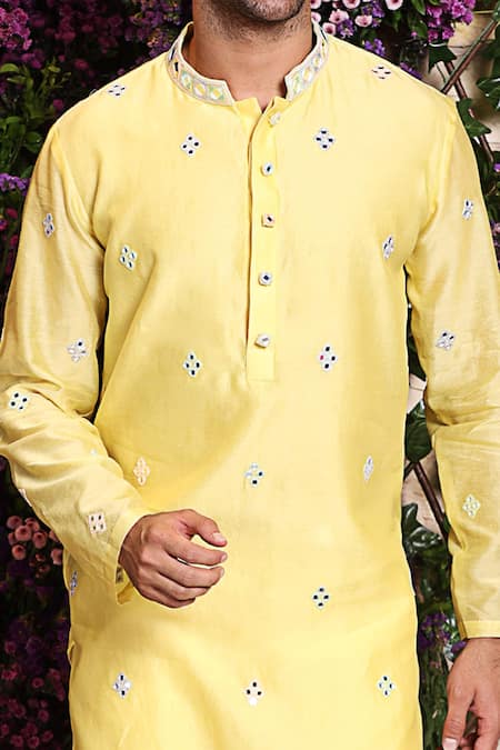 Shop_Julie By Julie Shah_Yellow Chanderi Kurta_Online_at_Aza_Fashions