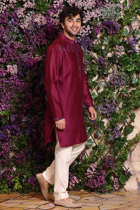 Julie By Julie Shah_Wine Chanderi Kurta_Online_at_Aza_Fashions
