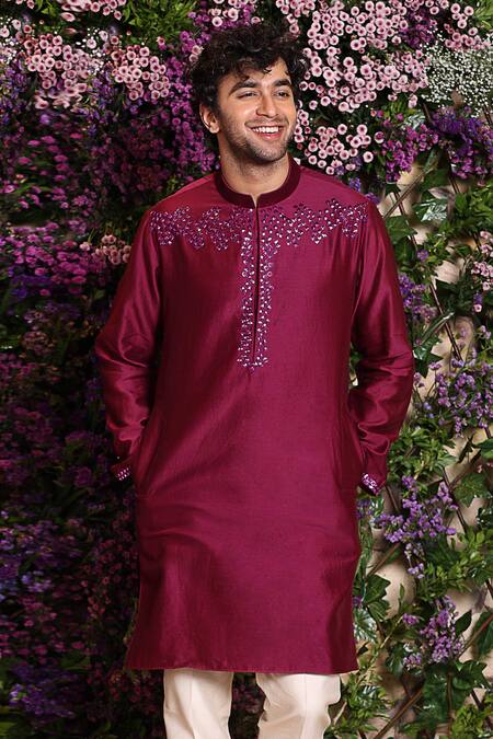 Buy_Julie By Julie Shah_Wine Chanderi Kurta_Online_at_Aza_Fashions