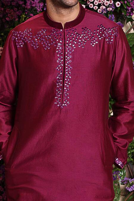Shop_Julie By Julie Shah_Wine Chanderi Kurta_Online_at_Aza_Fashions