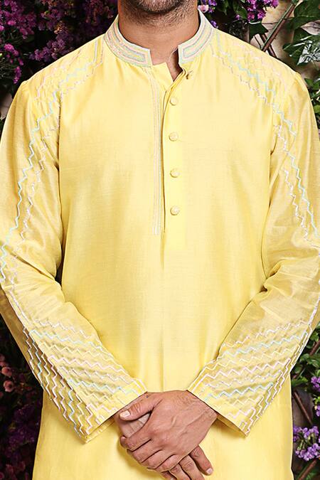 Shop_Julie By Julie Shah_Yellow Chanderi Kurta_Online_at_Aza_Fashions