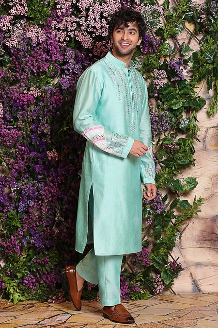 Julie By Julie Shah_Blue Chanderi Kurta_Online_at_Aza_Fashions