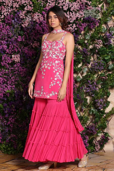 Julie By Julie Shah_Pink Georgette Sweetheart Neck Embroidered Kurta Sharara Set_Online_at_Aza_Fashions
