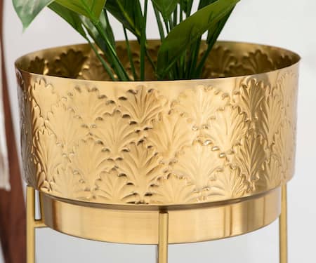 The Decor Remedy_Gold Iron Gingko Leaf Embossed Indian Planters Set Of 2_Online_at_Aza_Fashions
