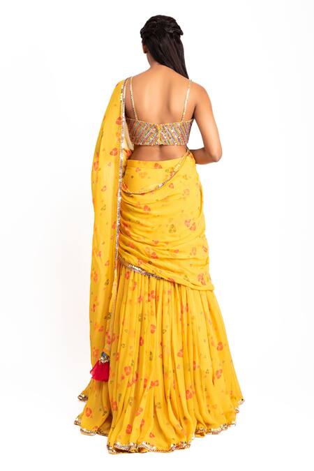 Shop_Prevasu_Yellow Georgette, Dupatta Chinon Chiffon Printed Lehenga Saree With Blouse _at_Aza_Fashions