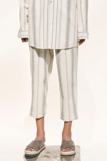 Buy_Urvashi Kaur_Off White Cotton Embroidery Duro Handloom Striped Pant _Online_at_Aza_Fashions