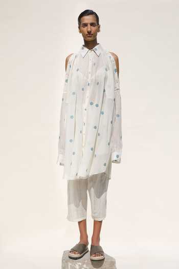 Urvashi Kaur_White Cotton, Silk Collared Ava Jamdani Polka Shirt Dress _Online_at_Aza_Fashions