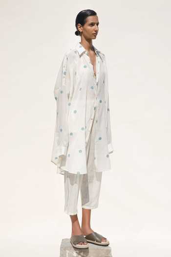 Shop_Urvashi Kaur_White Cotton, Silk Collared Ava Jamdani Polka Shirt Dress _Online_at_Aza_Fashions