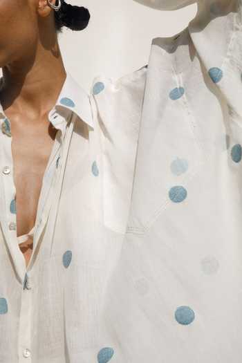 Urvashi Kaur_White Cotton, Silk Collared Ava Jamdani Polka Shirt Dress _at_Aza_Fashions