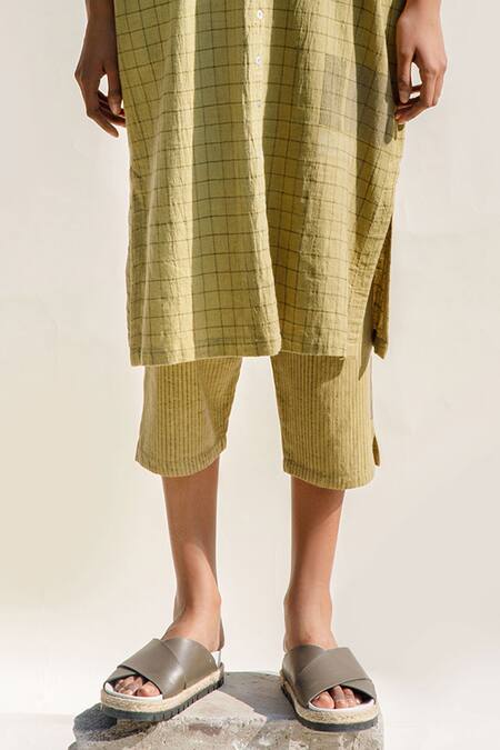 Urvashi Kaur_Yellow Cotton Delta Stripe Block Print Pant _Online_at_Aza_Fashions