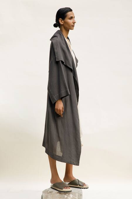 Urvashi Kaur_Grey Cotton Open Neck Variable Asymmetric Jacket _Online_at_Aza_Fashions