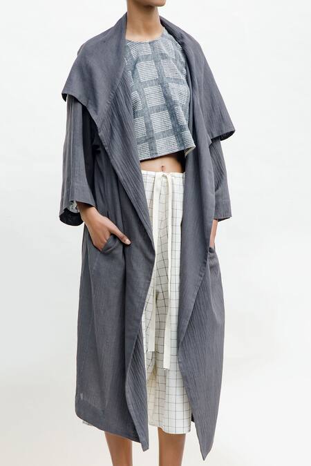 Buy_Urvashi Kaur_Grey Cotton Open Neck Variable Asymmetric Jacket _Online_at_Aza_Fashions