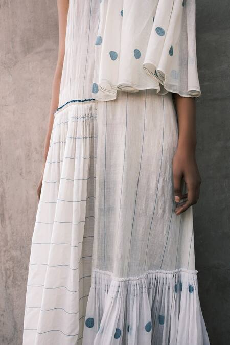 Urvashi Kaur_Off White Cotton, Silk Round Sierra Jamdani Polka Dot And Striped Pattern Dress _Online_at_Aza_Fashions