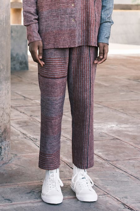 Urvashi Kaur_Brown Handloom Cotton Tor Striped Hand Spun Pant _Online_at_Aza_Fashions