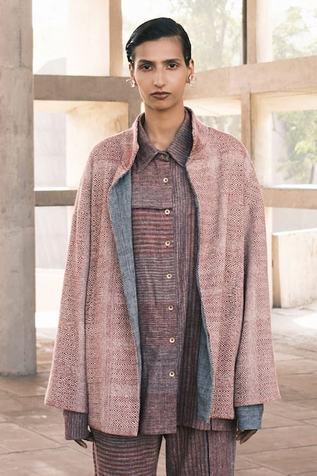 Urvashi Kaur_Brown Handloom Cotton Embroidery Collared Brick Geometric Block Print Jacket _Online_at_Aza_Fashions