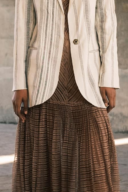 Urvashi Kaur_Brown Linen Embroidery Scoop Neck Scale Hand Micro Pleated Slip Dress _Online_at_Aza_Fashions