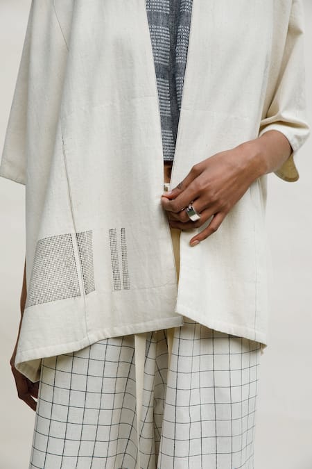 Urvashi Kaur_Off White Handloom Cotton Embroidery Open Neck Kumo Hand Spun Block Print Jacket _Online_at_Aza_Fashions