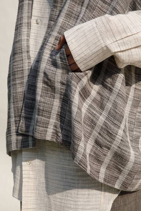 Shop_Urvashi Kaur_Grey Cotton Kumo Striped Pattern Jacket _Online_at_Aza_Fashions