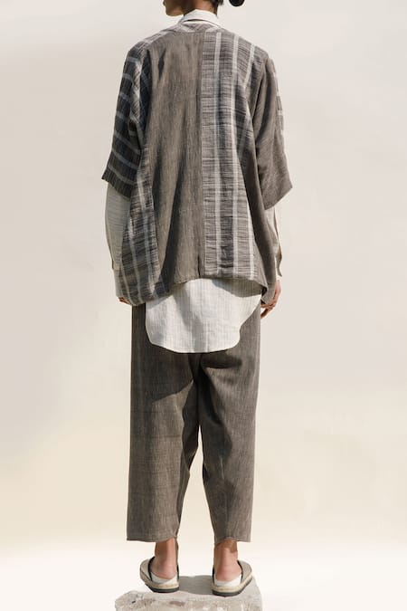 Buy_Urvashi Kaur_Grey Cotton Kumo Striped Pattern Jacket _Online_at_Aza_Fashions