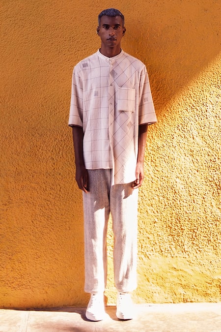 Urvashi Kaur_Off White Handloom Cotton Embroidery Yuki Checkered Block Print Shirt _Online_at_Aza_Fashions