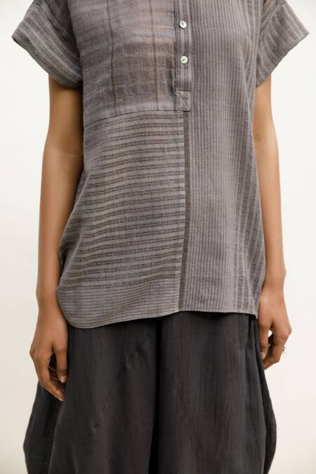 Urvashi Kaur_Grey Handloom Cotton Mandarin Collar Nova Stripe Pattern Top _Online_at_Aza_Fashions