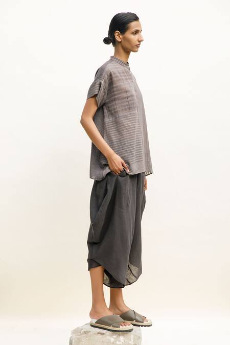 Buy_Urvashi Kaur_Grey Handloom Cotton Mandarin Collar Nova Stripe Pattern Top _Online_at_Aza_Fashions