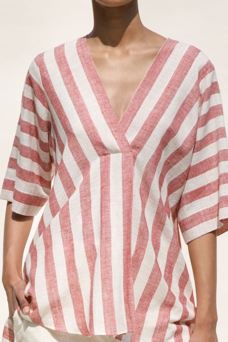 Buy_Urvashi Kaur_Red Handloom Cotton V-neck Palmera Stripe Pattern Top _Online_at_Aza_Fashions