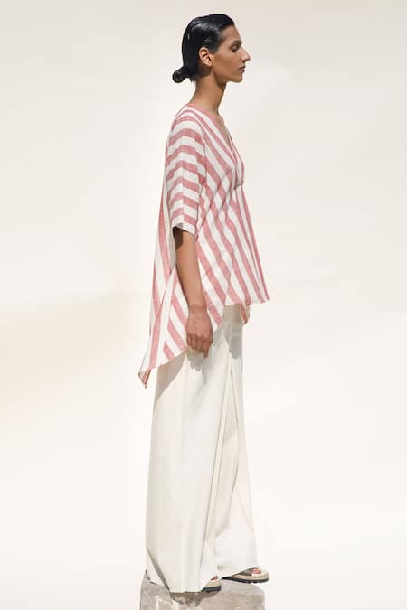 Urvashi Kaur_Red Handloom Cotton V-neck Palmera Stripe Pattern Top _Online_at_Aza_Fashions