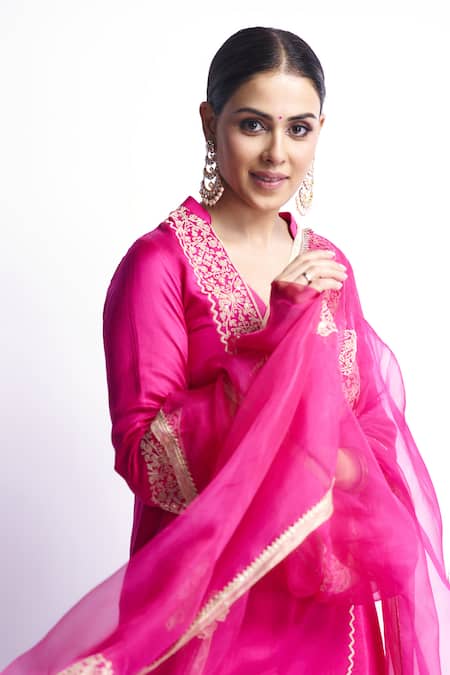 Devnaagri_Fuchsia Cotton Silk Satin And Organza Dori Blunt Embroidered Kurta Dhoti Pant Set _at_Aza_Fashions