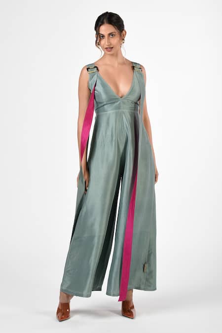 Buy_Twinkle Hanspal_Green Dupion Silk V Neck Flared Jumpsuit _Online_at_Aza_Fashions