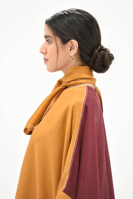 Twinkle Hanspal_Yellow Dupion Silk Embroidery Round Colorblock Kaftan Top And Pant Set  _Online_at_Aza_Fashions