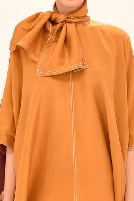 Buy_Twinkle Hanspal_Yellow Dupion Silk Embroidery Round Colorblock Kaftan Top And Pant Set  _Online_at_Aza_Fashions