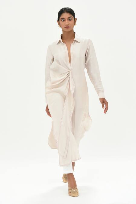 Twinkle Hanspal_White Shirt Dupion Silk Pant Poplin Embroidery Draped And Set  _Online_at_Aza_Fashions