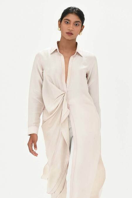 Buy_Twinkle Hanspal_White Shirt Dupion Silk Pant Poplin Embroidery Draped And Set  _Online_at_Aza_Fashions