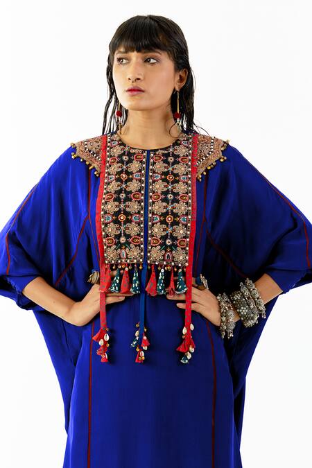 Aseem Kapoor_Blue Natural Crepe Zari Marodi Round Trapeze Embroidered Tunic And Trouser Set_Online_at_Aza_Fashions