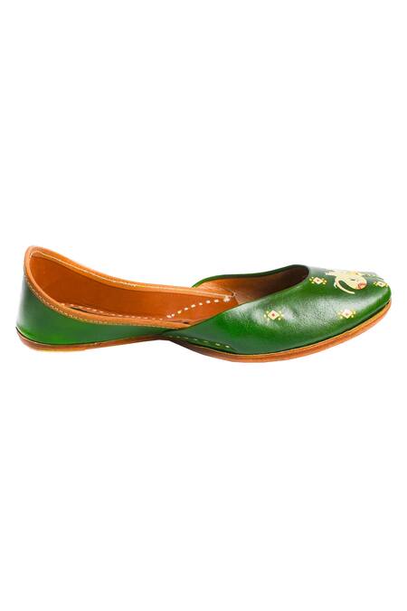 Haelli_Green Hand Paint Juttis_Online_at_Aza_Fashions