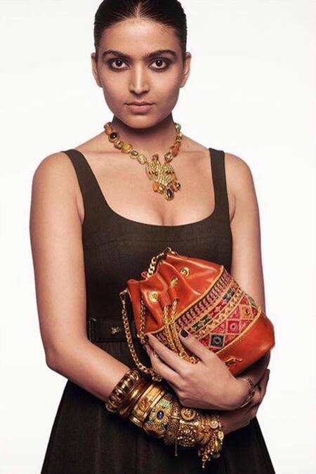 Shop_Sabyasachi_Kutch - Brown Embroidered The Nani Bucket Bag _at_Aza_Fashions