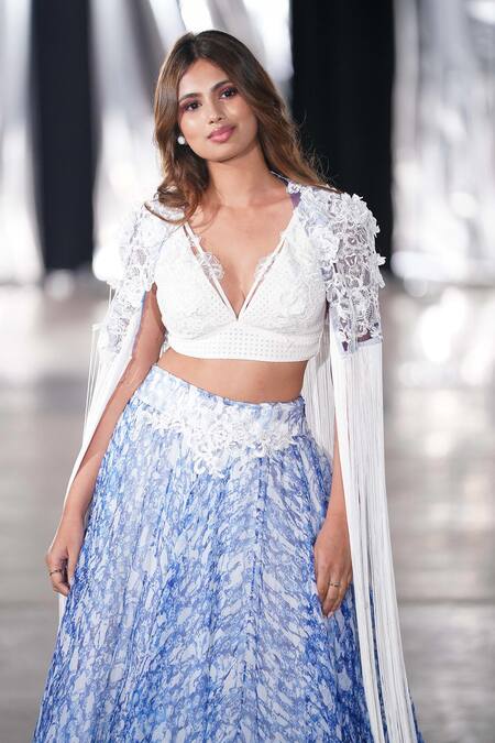 Shop_Archana Kochhar_Blue Blouse Lycra, Jacket Net, Lehenga Organza Kaftan Printed And Fringe Set _Online_at_Aza_Fashions