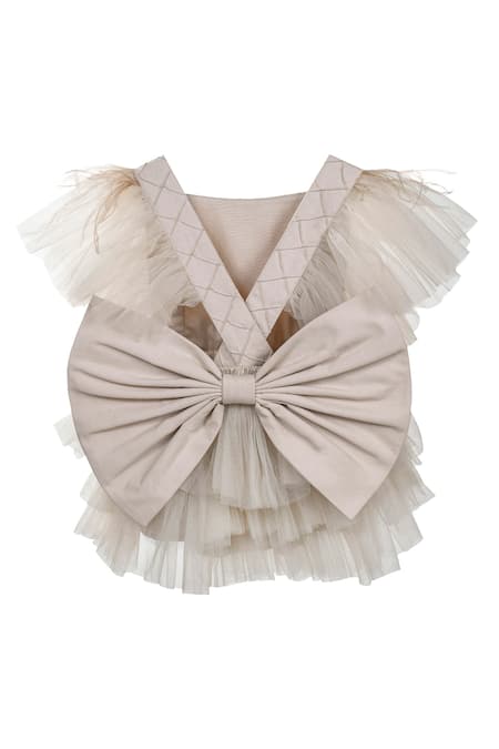 Shop Jasmine And Alaia Beige Tulle Ruffle Romper at Aza Fashions Shop_Jasmine And Alaia_Beige Tulle Ruffle Romper_at_Aza_Fashions